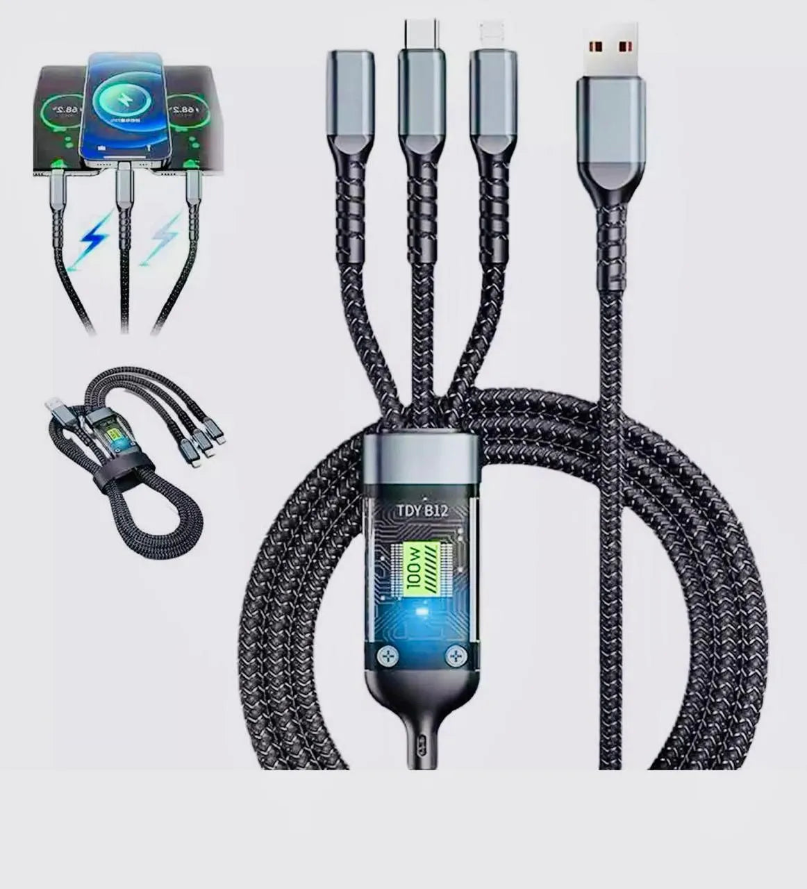 3-in-1 Fast Charging Cable 100W - Type-C, Lightning, Micro USB Nylon Braided