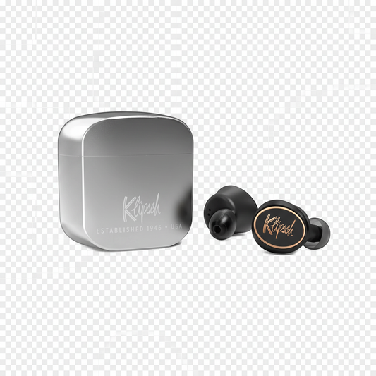 Klipsch T5 Premium TWS wireless earbuds and metal charging case, fully visible