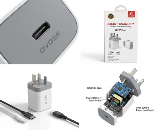 20W PD Fast Charger Adapter - USB-C + USB-A Dual Port with UK/EU Plug