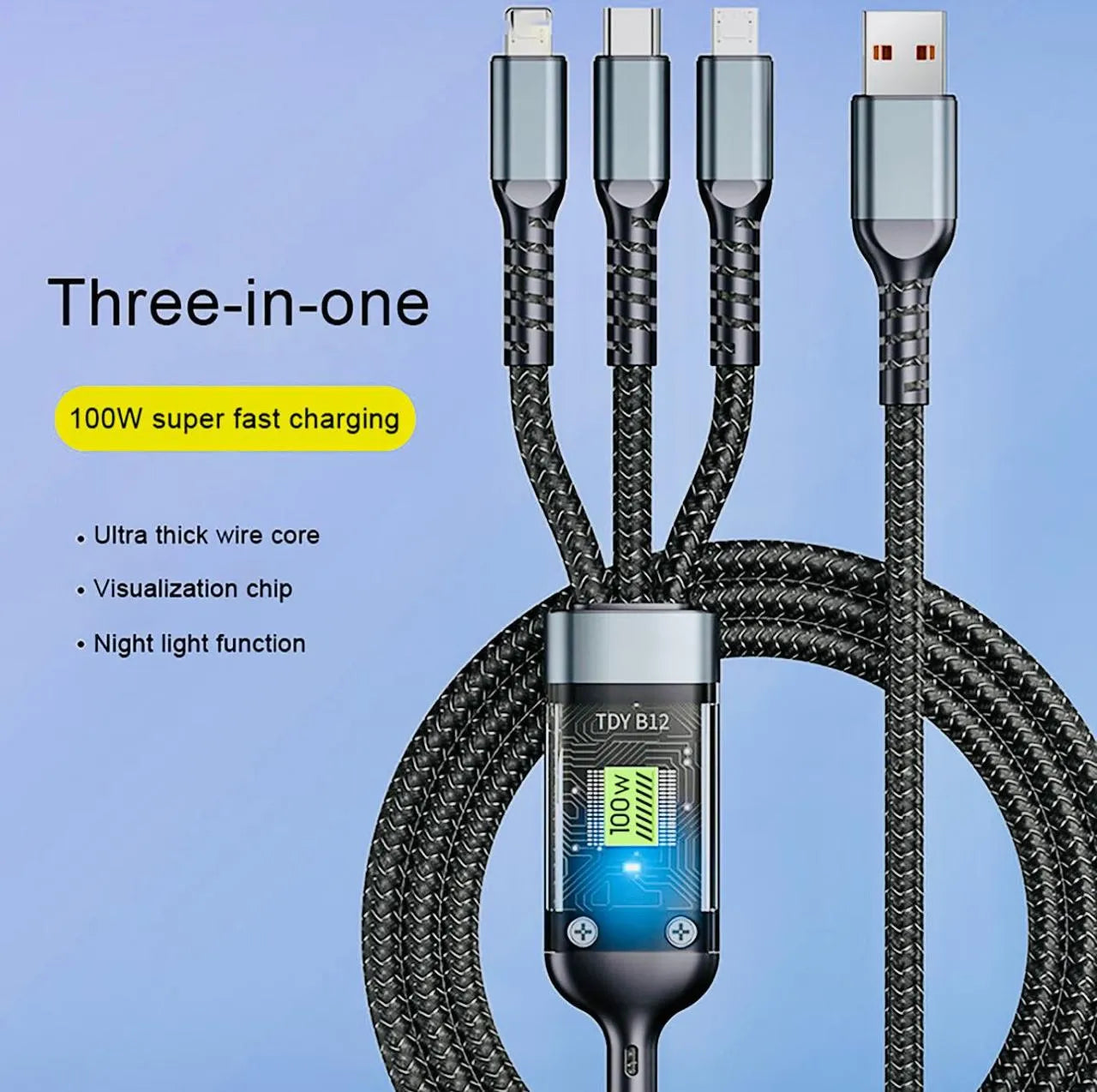 3-in-1 Fast Charging Cable 100W - Type-C, Lightning, Micro USB Nylon Braided