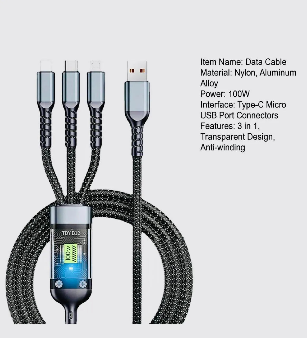 3-in-1 Fast Charging Cable 100W - Type-C, Lightning, Micro USB Nylon Braided