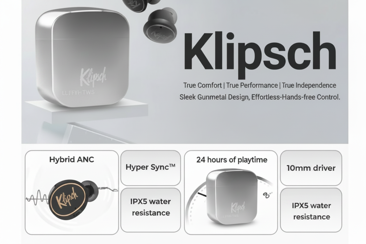 Klipsch T5 Premium TWS wireless earbuds sharp product feature banner